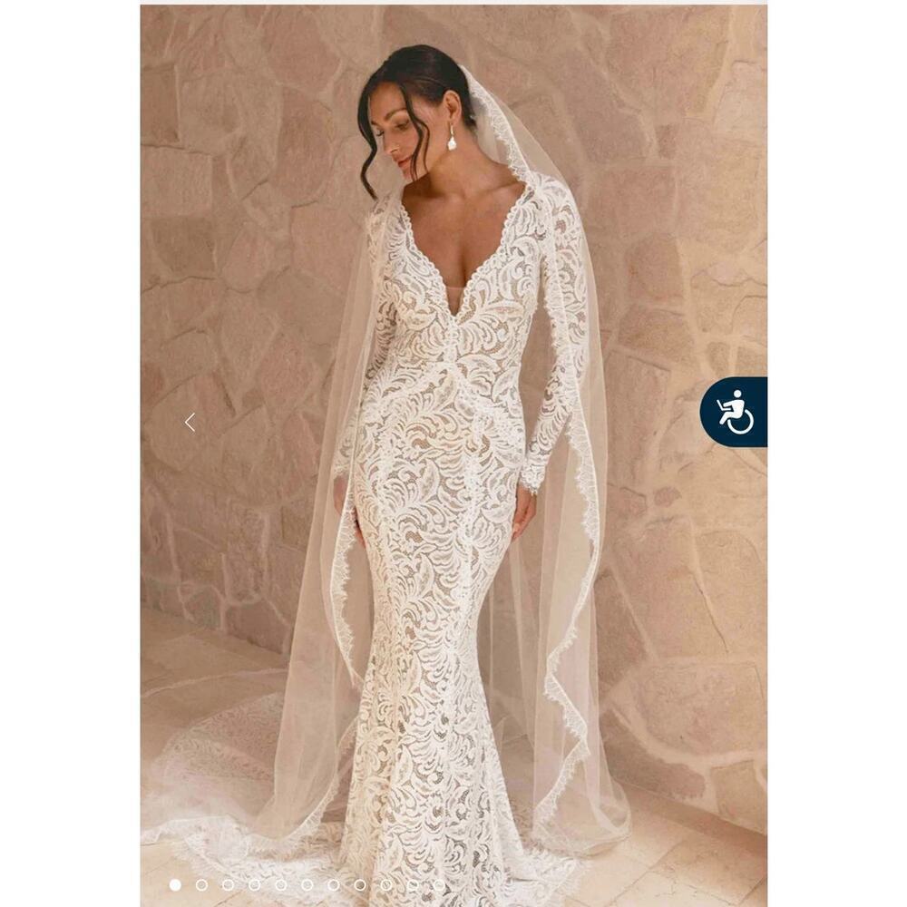 Grace Loves Lace Olive Wedding Gown, Small, Cutout, Long Sleeve, Fitted